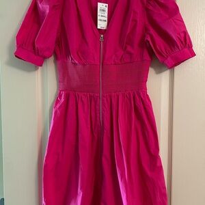 Pink A-line Mini Dress with Puff Sleeves and V-neck